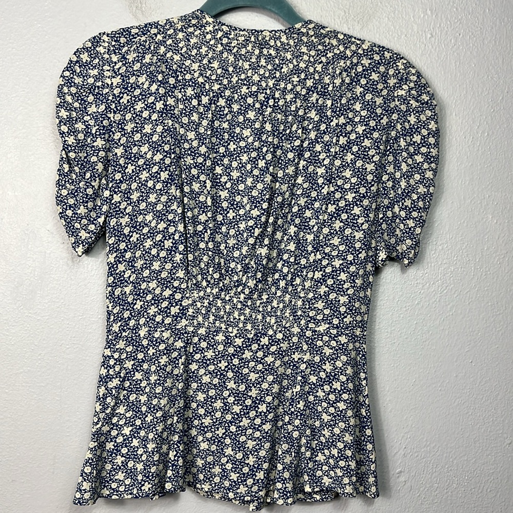 Polo Ralph Lauren Floral Print Blue White Ruched Sleeve Button Front Blouse 0 - Picture 8 of 10